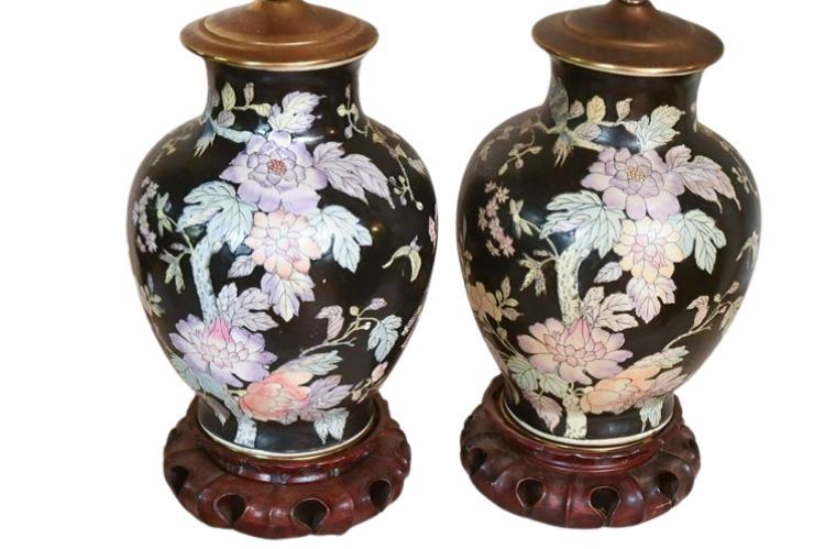 Pair Decorative Famile Noir Vases as Lamps