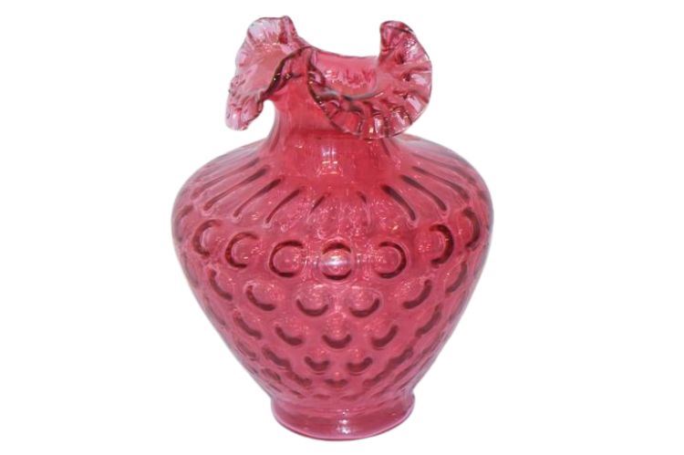 Vintage Cranberry Art Glass Vase, Ruffled Fluted Top Coin Dots