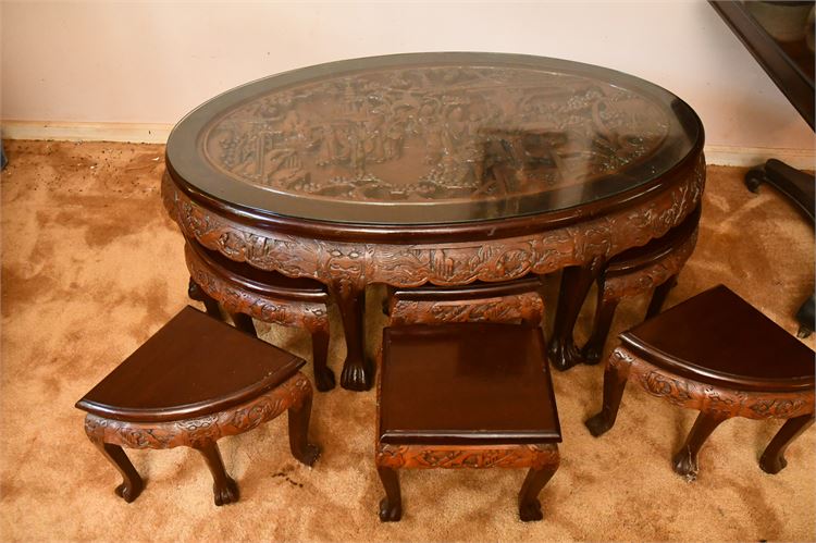 Heavily Carved Chinese Tea Table With Stowing Stools