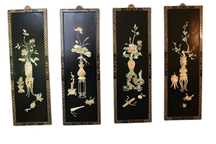 Set Four (4) Chinese Wall Panels with Inlaid Carved Hardstones