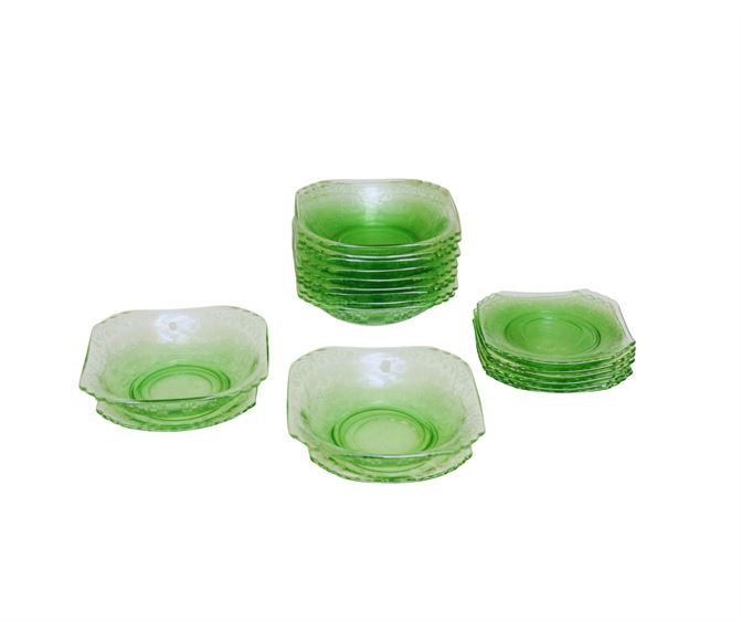 Set Green Depression Era Glass Dessert Bowls and Under Plates