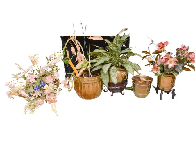 Group of Decorative Artificial Plants with Brass Planters