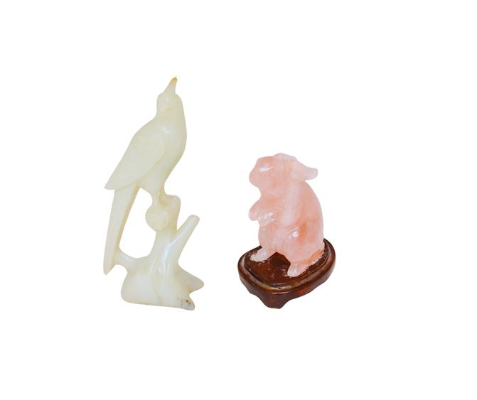 Carved Chinese Figures Jade Bird and Rose Quartz Rabit