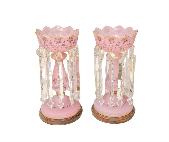 Pair Late 19th/ Early 20th cent Century Pink Glass Lustres