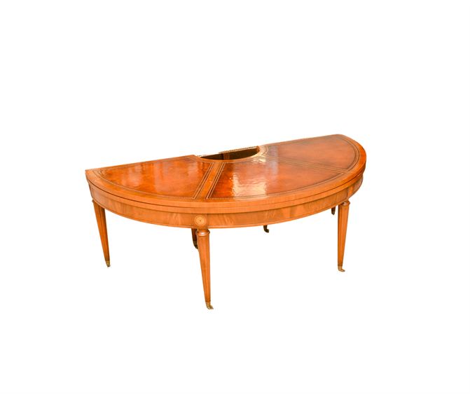 Henredon 1940s Tooled Leather Mahogany Convertible Demilune Cocktail Table