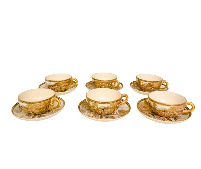 Set of Six (6) Meji Period Satsuma Tea Cups and Saucers