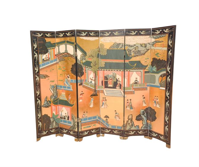 Double Side Vintage Oriental Gold and Black Lacquer Room Divider Folding Screen