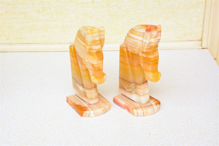 Pair Carved Onyx Horse Head Bookends