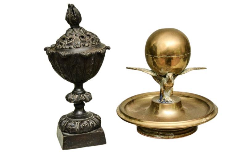 Antique Brass Inkwell and Bronze Censer