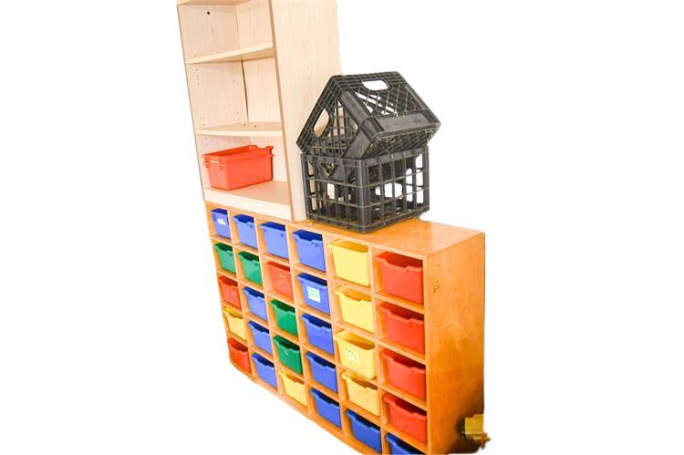 Storage Bins: 30 Compartment Cubbie Storage With Trays & 3-Shelf Bookshelf