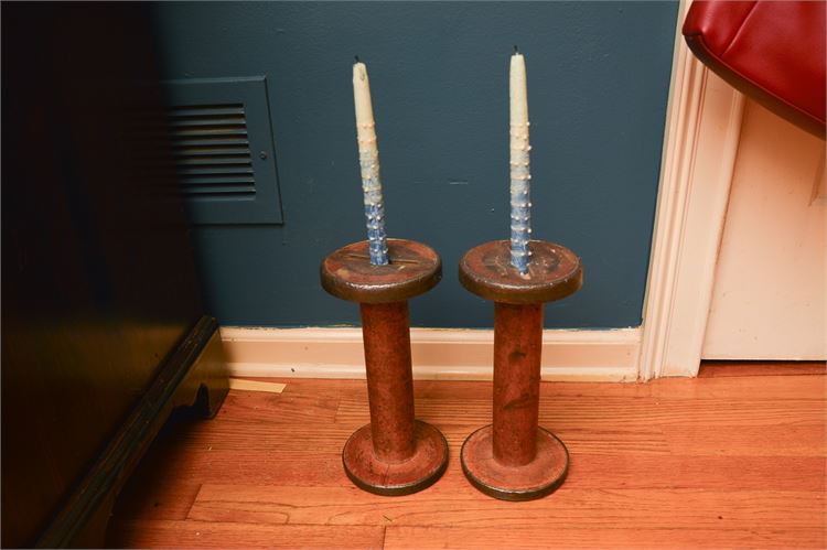 Two Antique Spool Candlesticks