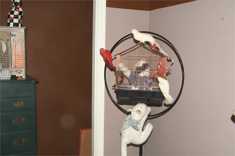 Bird Cage on Stand with Faux Cat and Birds