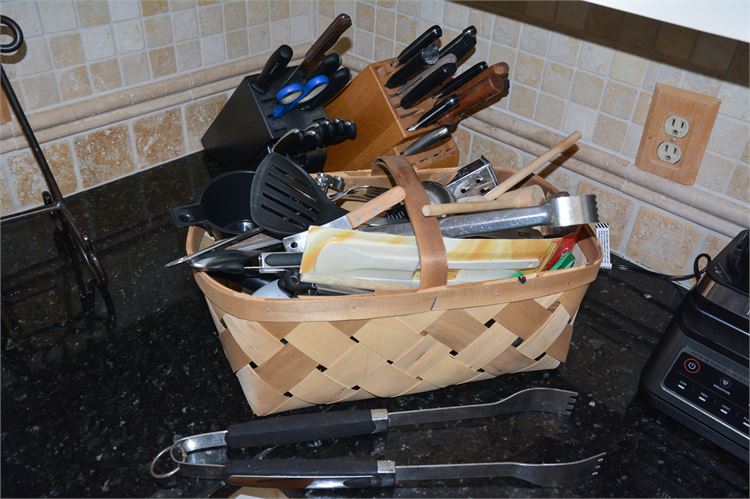 Group of Assorted Kitchen Utensils and Cooking Knives