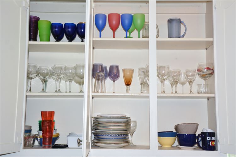 Group Lot, Cabinet Contents, Assorted Drink and Dinnerware