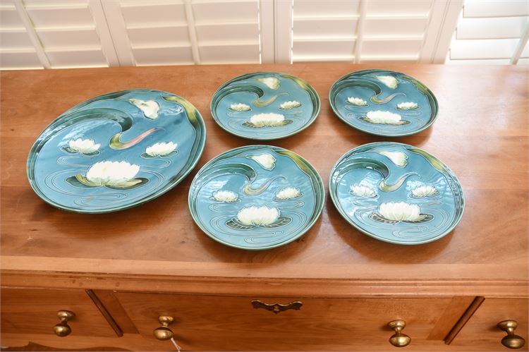 Late 19th Century Water Lillies Georg Schmider Zell Majolica Platter and Plates