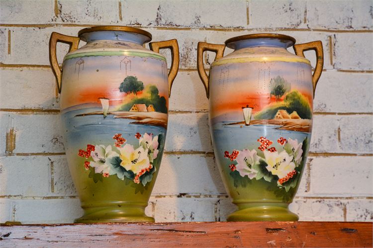 Pair (2) Antique Japan Hand Painted Vases