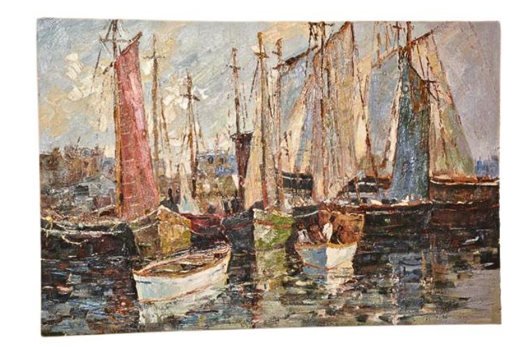 Illegibly Signed Oil on Canvas Boats and Sailing Vessels at Port