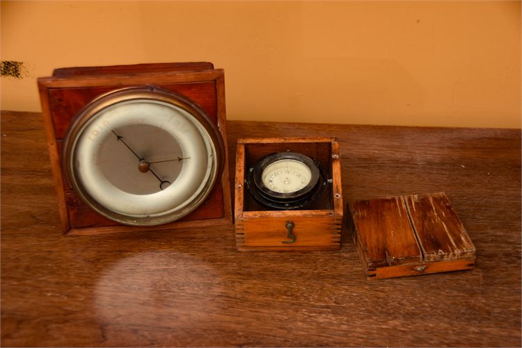 Vintage Wall Barometer and Boxed Compass