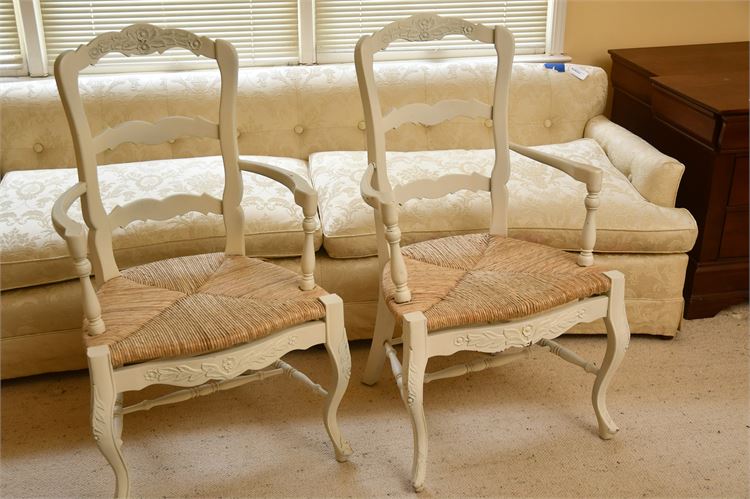 Pair Carved French Provincial Rush Seat Arm Chairs in White Paint