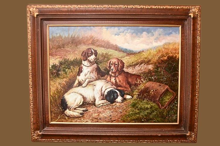 Large Decorative Oil on Canvas Dogs and Hunting Pouch