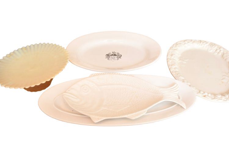 Serving dishes: plates, cake stands and fish-shaped platter