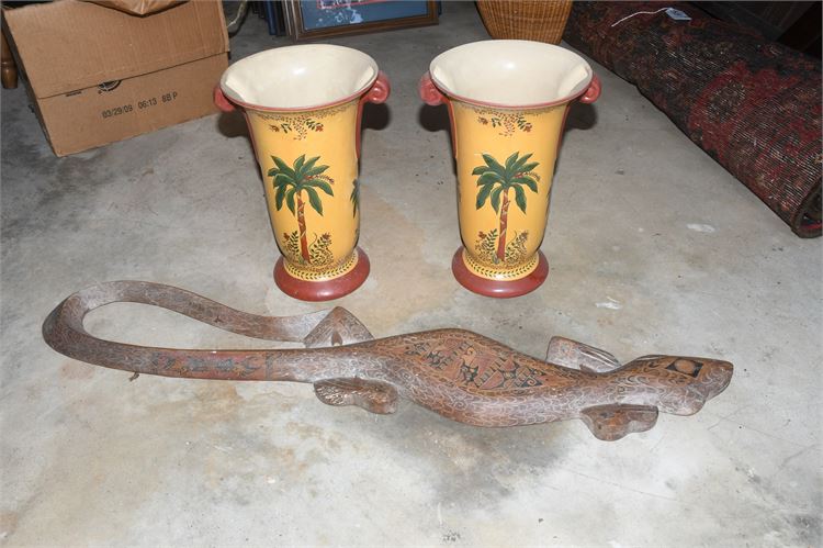 Decorative Vases and Wood Lizard