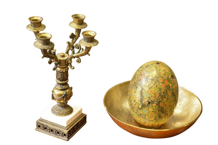 Candle Holder and Decorated Egg in a Bowl.