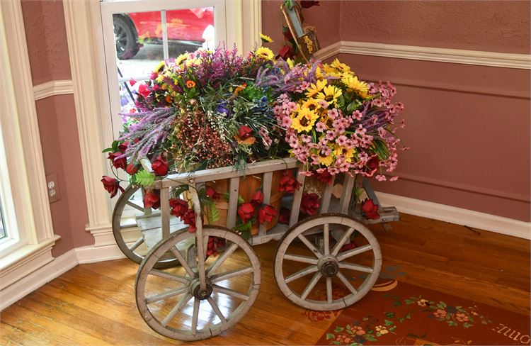 Antique Wooden Cart and Artificial Flowers