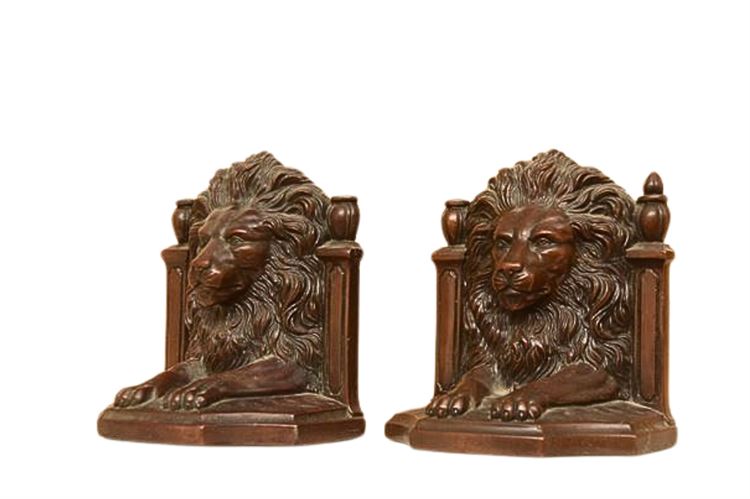 Pair Bronze Patinated Lion Head Bookends