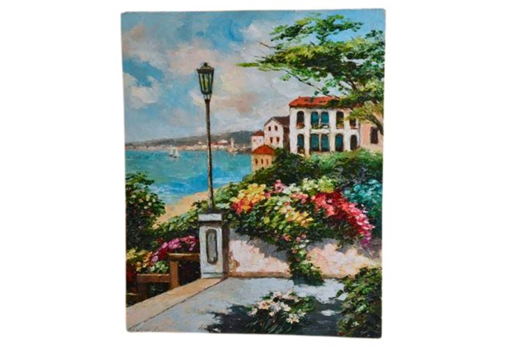 Illegibly Signed Italian Riviera Acrylic  on Canvas