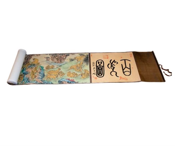 Long Rolled Up Chinese Scroll  "One Hundred Tigers"