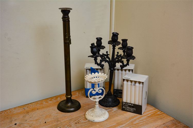 Five (5) Candles and Candleholders