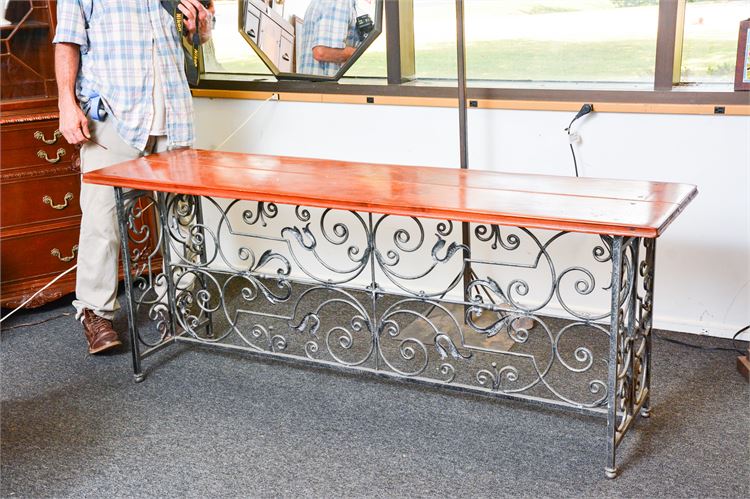 Scrolled Wrought Iron console Table with Wood Top