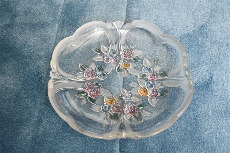 Vintage Embossed Colored Rose Floral Glass Frosted Edge Dish