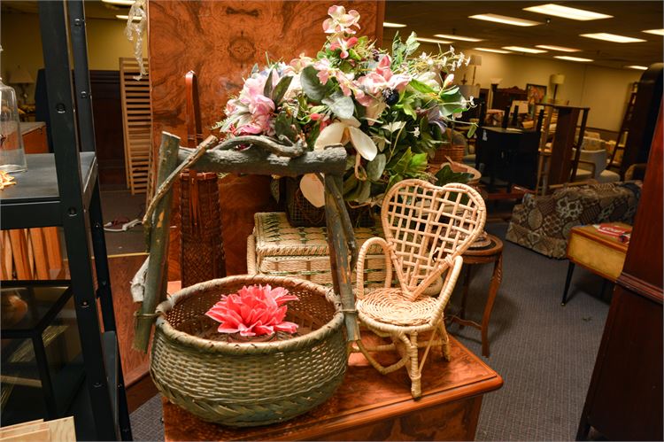 Four (4) Items Baskets and Childs Wicker Chair