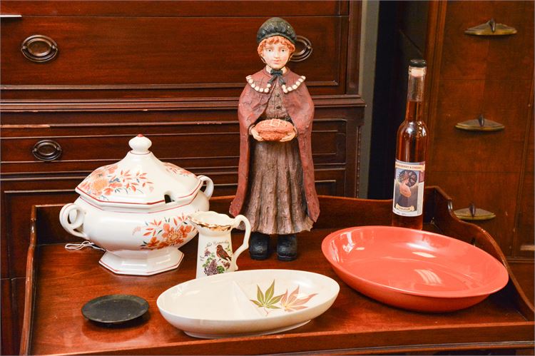 Misc. Items including a doll and a Tureen etc.