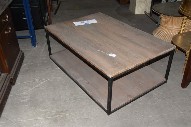 Wrought iron framed wood slab top coffee table