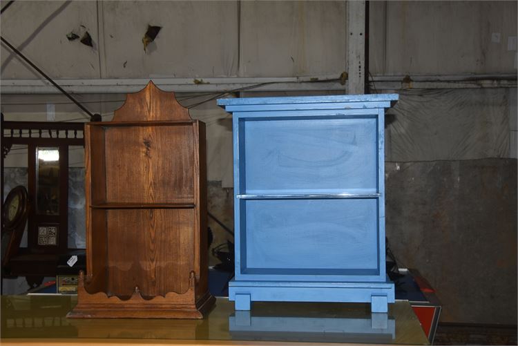 TWO (2) wooden shelves, one in blue paint