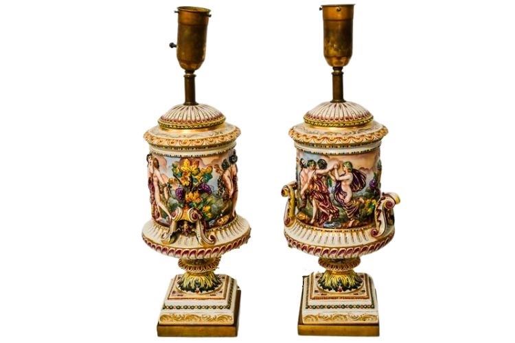 Pair Porcelain Covered Urns mounted as Lamps