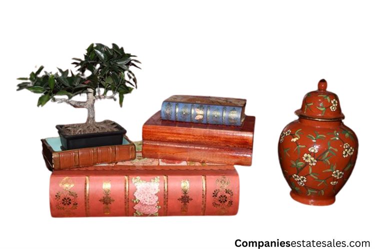 Bonsai Tree, Books and Decorative Jar