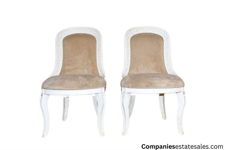 Pair Upholstered White Painted Side Chairs