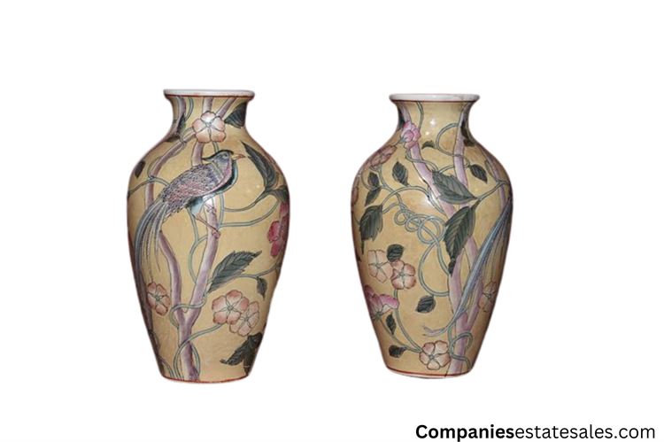 Two (2) Vintage Matching Floral Bird Vase