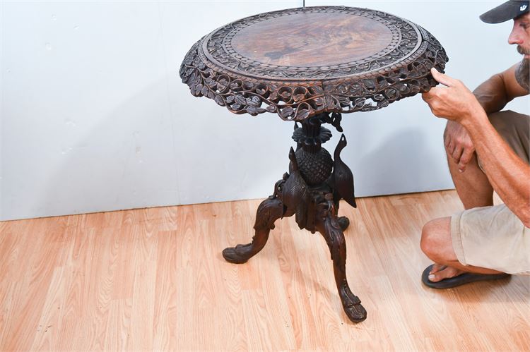 Antique Heavily  Carved Stand with Inlaid Top