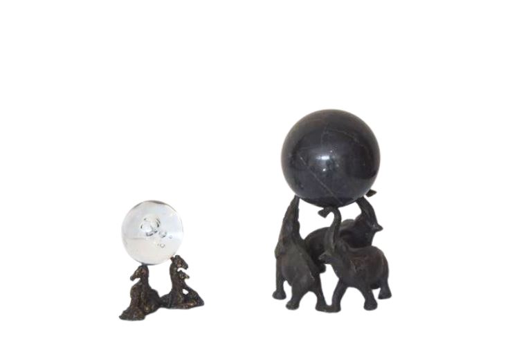 Two (2) Bronze Elephants/Giraffes Holding a Marble Ball