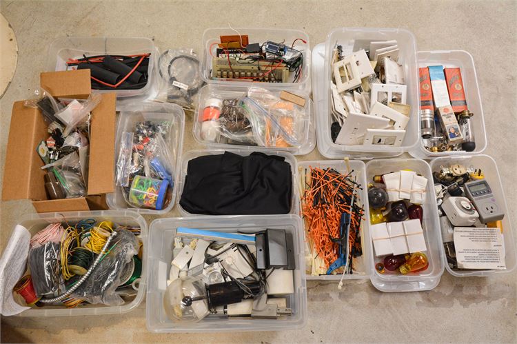 Containers Filled With Electronic Components, Wires, and Small Parts