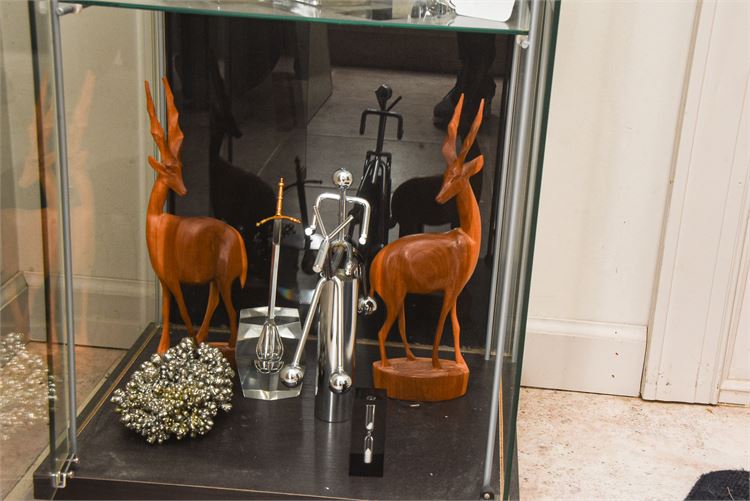 Two Wooden Deer, Metal figure and Silver Ball Cluster