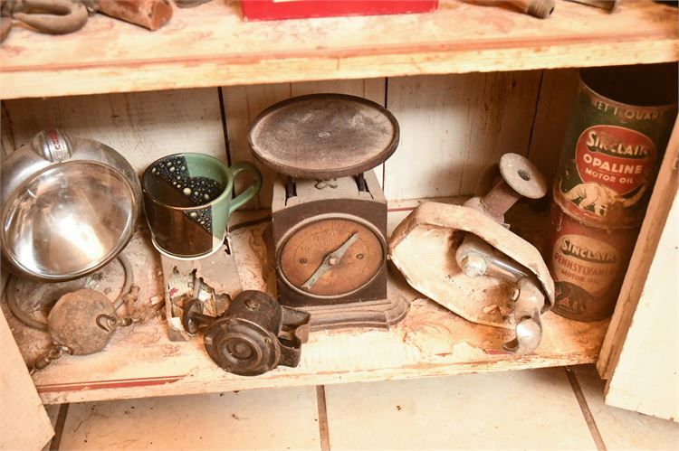 Mug, Can of oil/ Scales / Siren and other tools