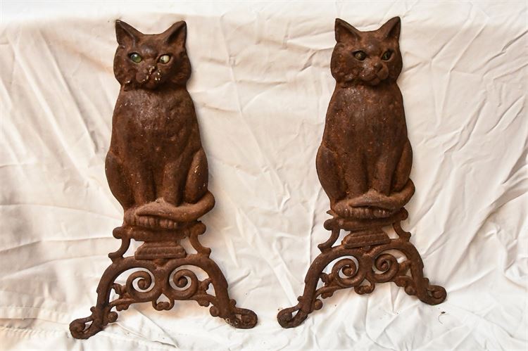 Two (2) Antique Cast Iron Cat Andirons