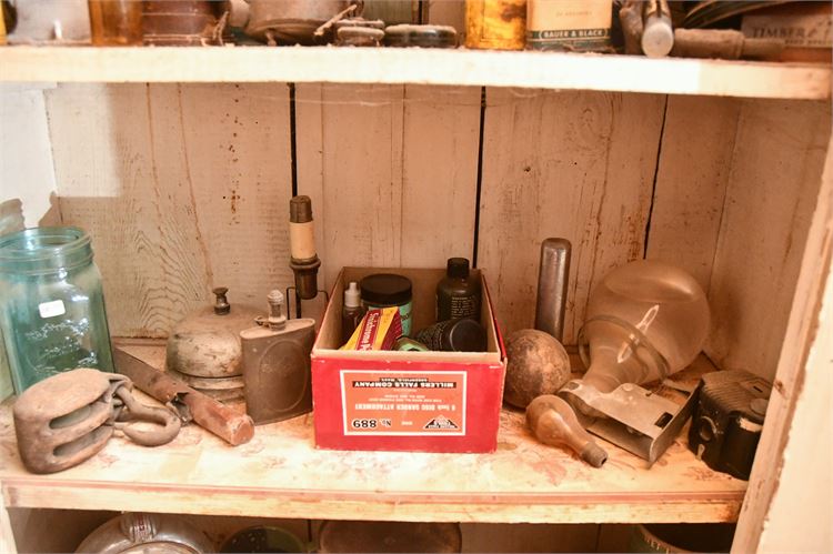 Jars, Metal Tools, and Box of Supplies Antique and Vintage