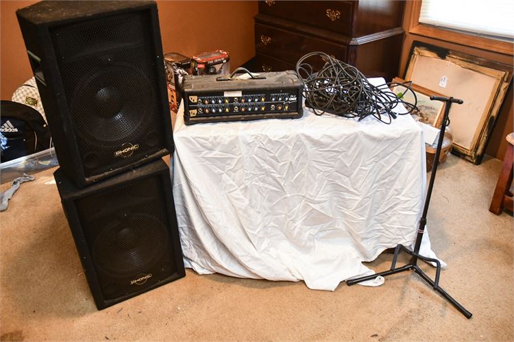 P.A. System Amp and Speakers / cables/stand